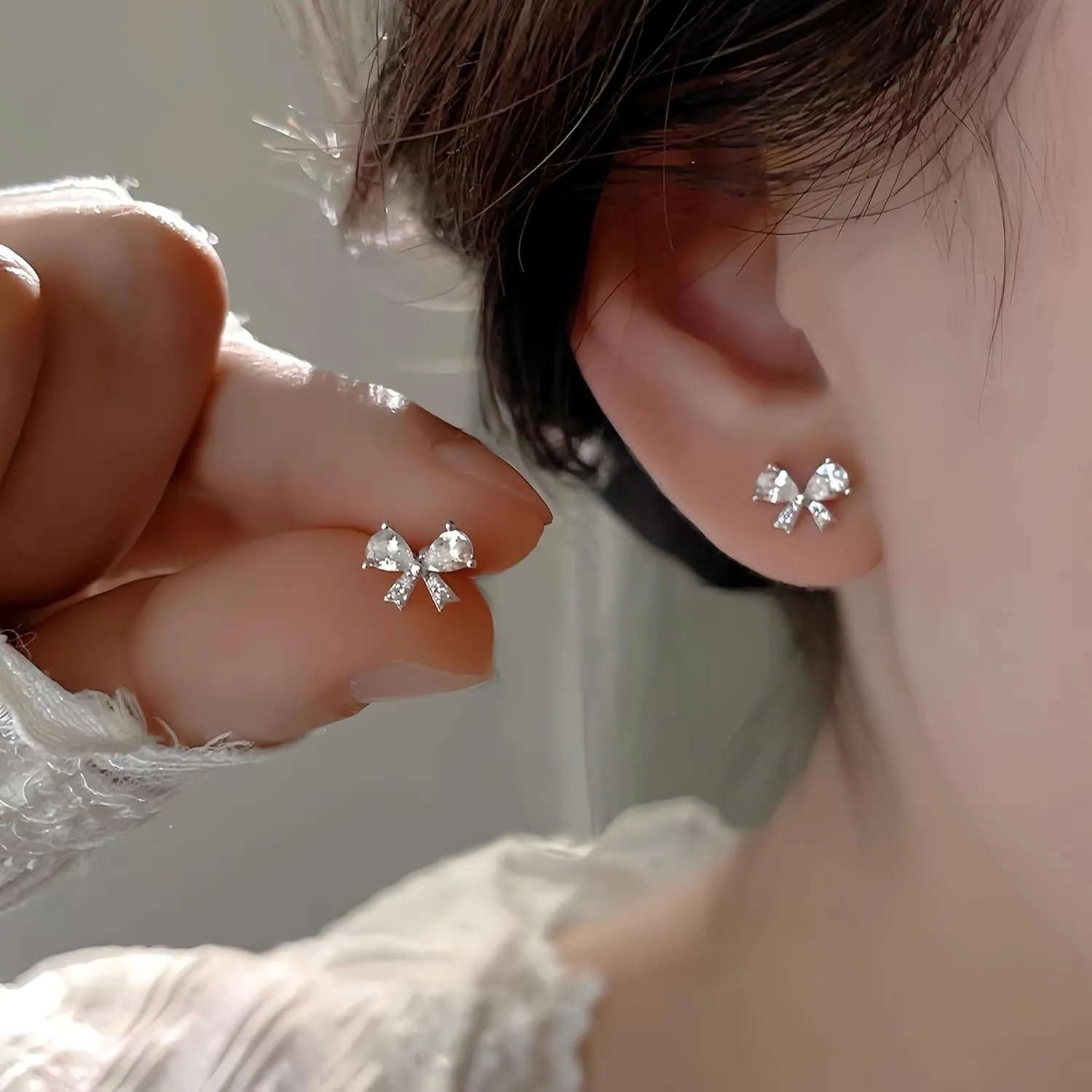 Reffeer Solid 925 Sterling Silver CZ Bow Stud Earrings for Women Teens Small Cute Bow Earrings Stud Hypoallergenic