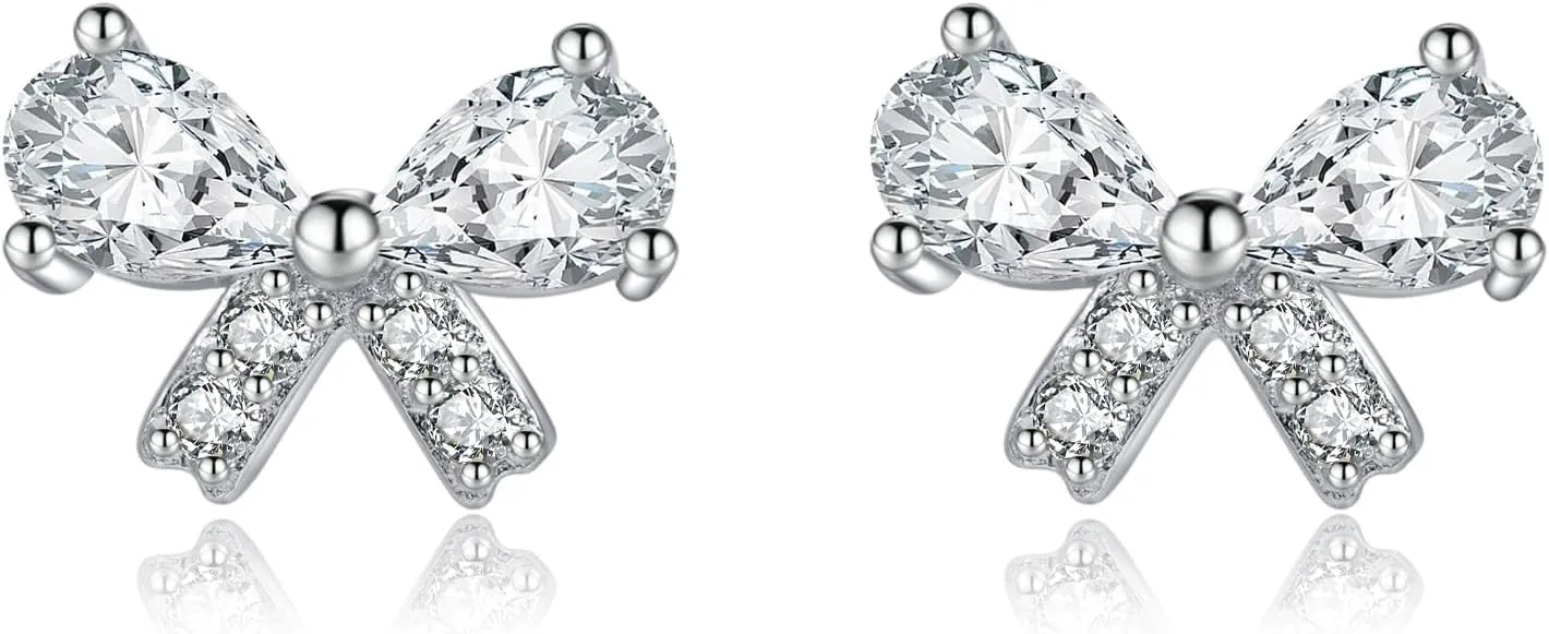 Reffeer Solid 925 Sterling Silver CZ Bow Stud Earrings for Women Teens Small Cute Bow Earrings Stud Hypoallergenic