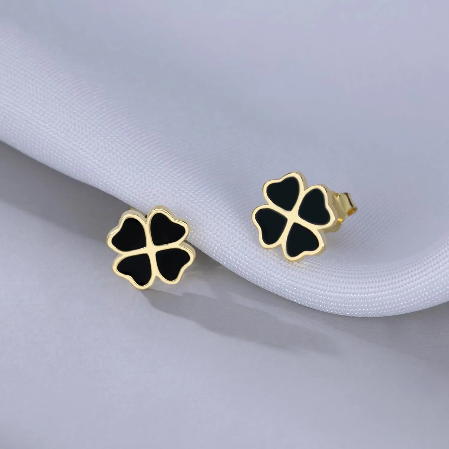Reffeer Solid 925 Sterling Silver Leaf Clover Earrings Studs for Women Teen Girls Black Leaf Stud Earrings Clover