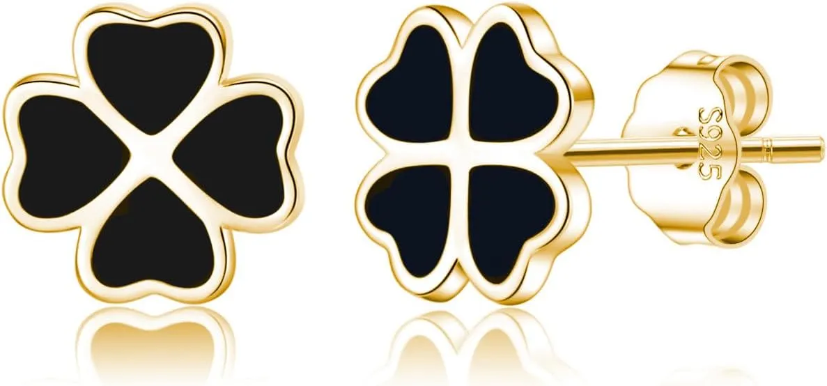 Reffeer Solid 925 Sterling Silver Leaf Clover Earrings Studs for Women Teen Girls Black Leaf Stud Earrings Clover