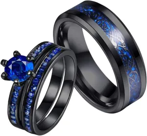 ringheart Couple Rings Black Plated Round cut Blue Cz Womens Wedding Ring Sets Stainless Steel Men Wedding Band