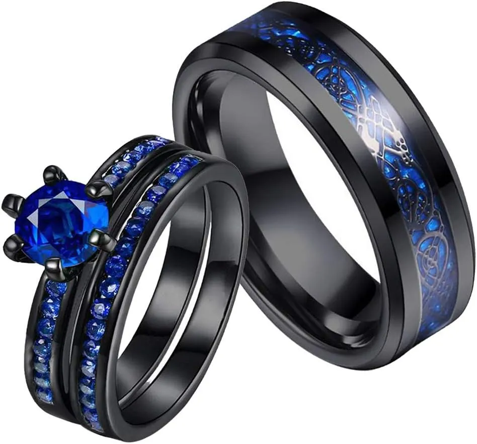 ringheart Couple Rings Black Plated Round cut Blue Cz Womens Wedding Ring Sets Stainless Steel Men Wedding Band