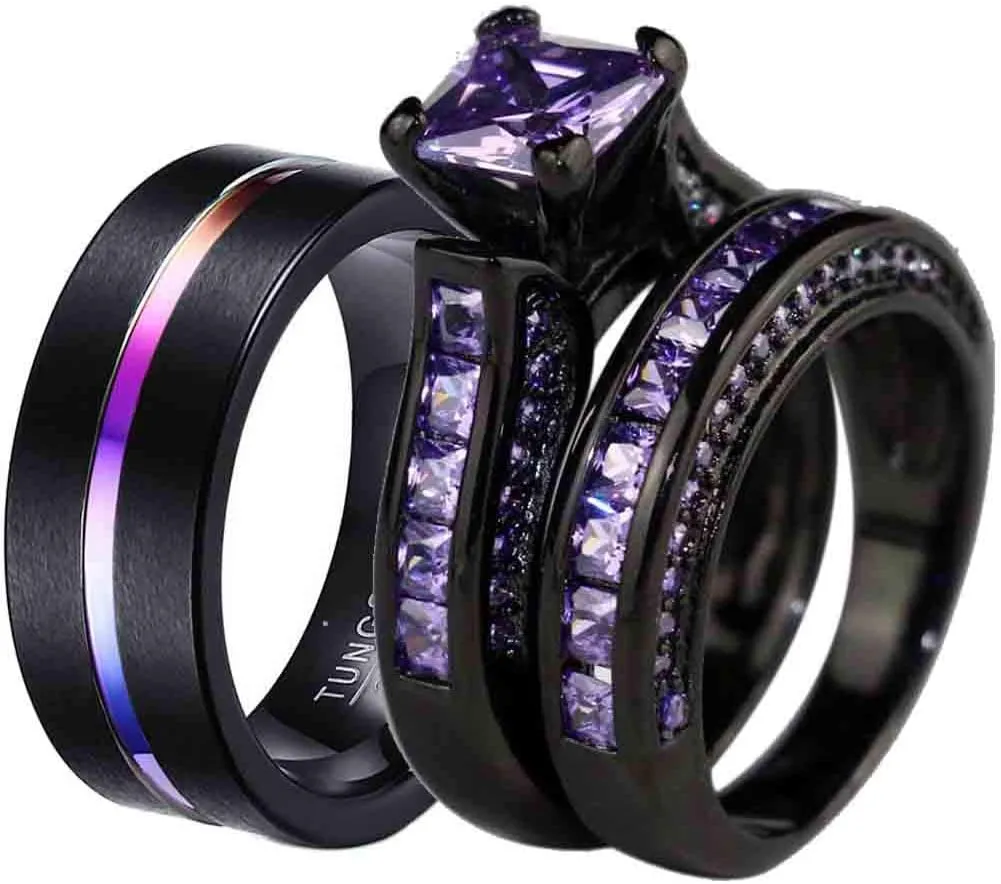 ringheart Luxury Couple Rings Black Gold Filled Princess Cut Purple Cz Womens Wedding Ring Sets Man Tungsten Wedding BandPlease 2 Two Rings for 1 Pair