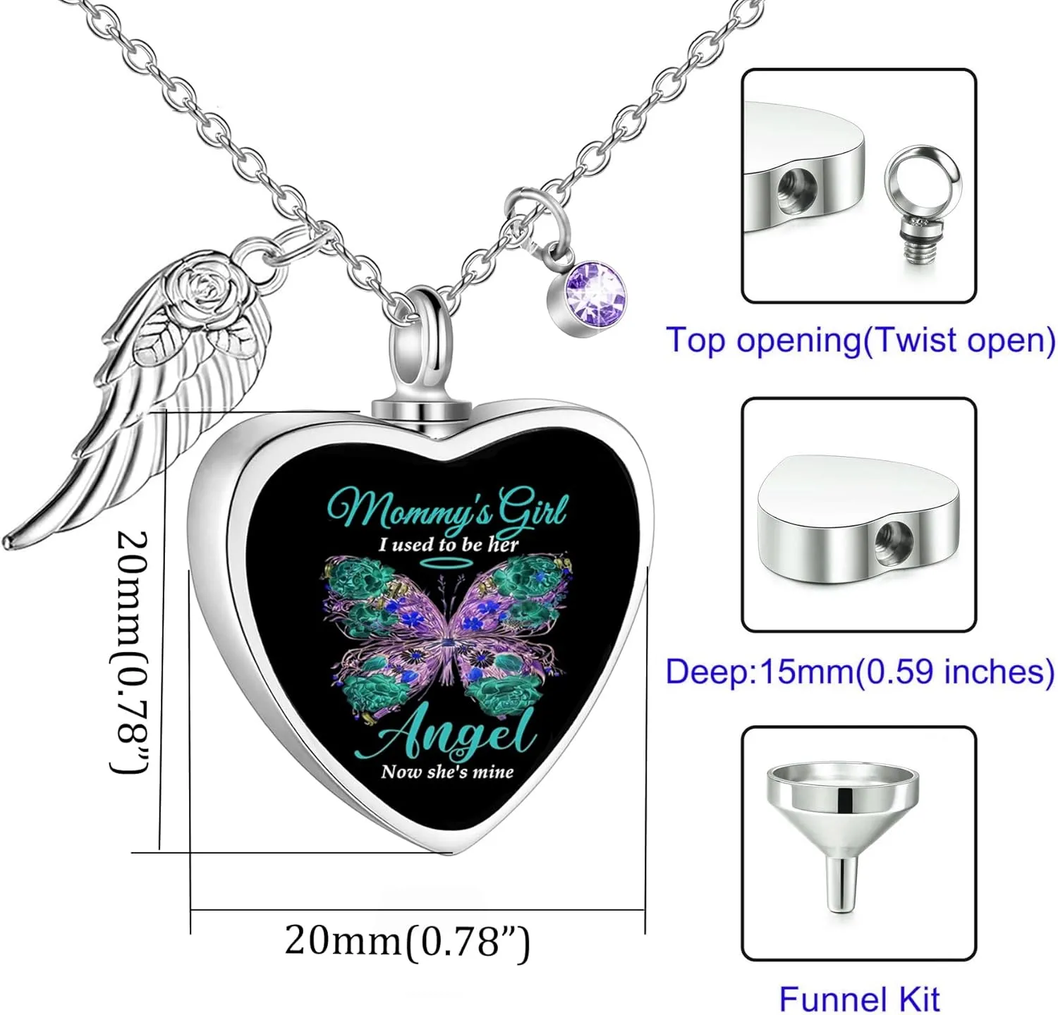 RIPFEVURN Heart Cremation Jewelry Urn Necklaces for Ashes for Women Stainless Steel Butterfly Cremation Jewelry Human Ashes Holder Memorial Keepsake Pendant