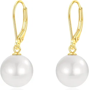 Rnivida 925 Sterling Silver Hypoallergenic Pearl Leverback Earrings,Single White Round Pearl Drop Jewelry Gift for Women