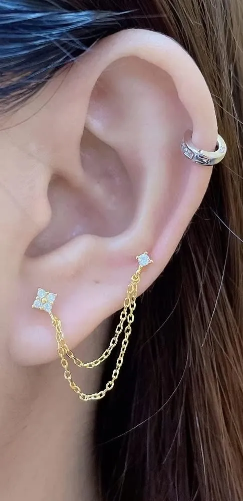 Round CZ Flower Double Piercing Studs With Chain Cuff 925 Sterling Silver Earrings for Women Cartilage Two Holes Tassel Threader Dangle Drop Hypoallergenic Climber Crawler