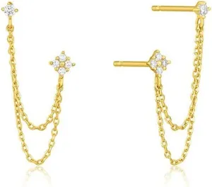 Round CZ Flower Double Piercing Studs With Chain Cuff 925 Sterling Silver Earrings for Women Cartilage Two Holes Tassel Threader Dangle Drop Hypoallergenic Climber Crawler