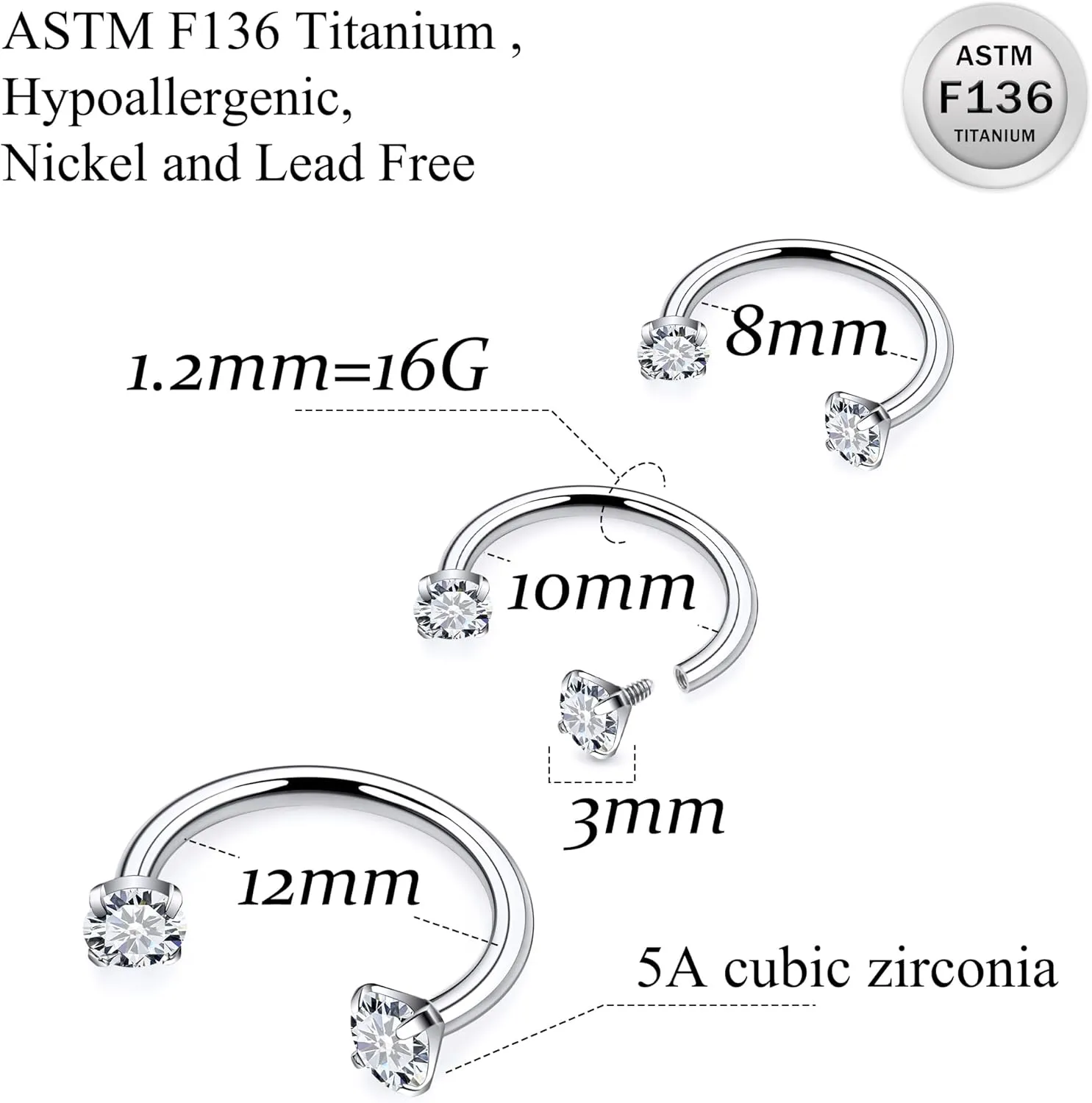 Ruifan ASTM F136 Titanium Horseshoe Nose Ring 16G Cubic Zircon Septum Rings Piercing Jewelry Internally Threaded Cartilage Conch Helix Rook Tragus Lip Earring Hoop Eyebrow For Women Men 8mm 10mm 12mm