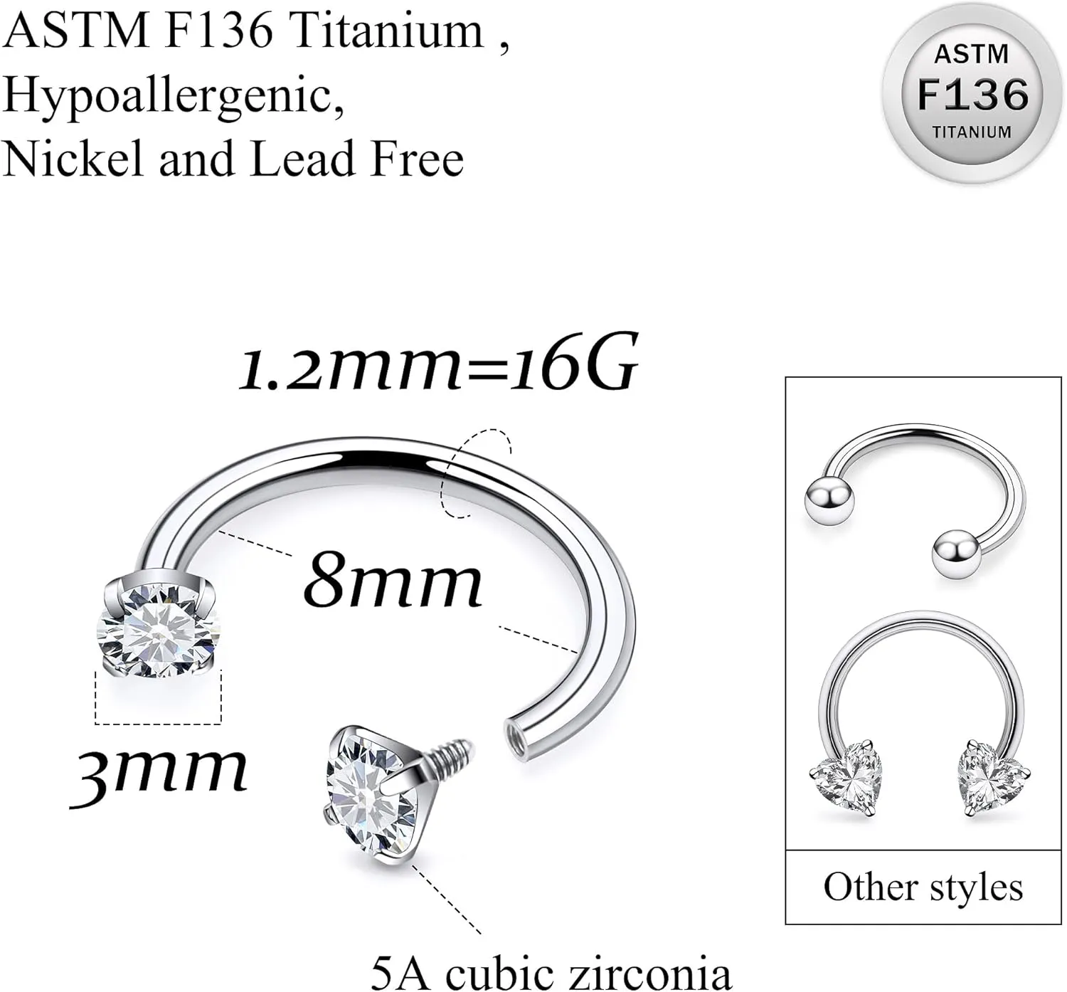 Ruifan Titanium Horseshoe Nose Ring 16G Cubic Zircon Heart Septum Rings Piercing Jewelry Internally Threaded Cartilage Conch Helix Rook Tragus Lip Earring Hoop Eyebrow For Women Men 8mm 10mm