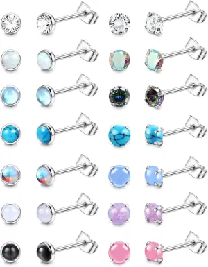 SAILIMUE 14 Pairs Hypoallergenic Surgical Steel Earrings for Women Men Small Stud Earrings CZ Opal Moonstone Turquoise Earrings Studs Set Cartilage Piercing Jewelry 20G