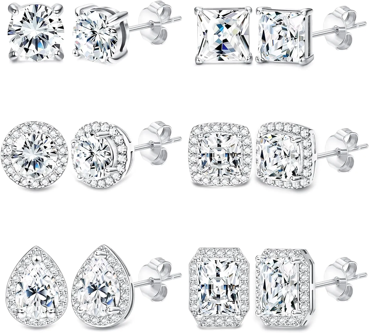 SAILIMUE 6 Pairs Stainless Steel Cubic Zirconia Stud Earrings for Women & Men - 18K White Gold Plated Brilliant Round Square Teardrop Simulated Diamond Halo Earrings Set