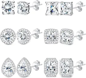 SAILIMUE 6 Pairs Stainless Steel Cubic Zirconia Stud Earrings for Women & Men - 18K White Gold Plated Brilliant Round Square Teardrop Simulated Diamond Halo Earrings Set