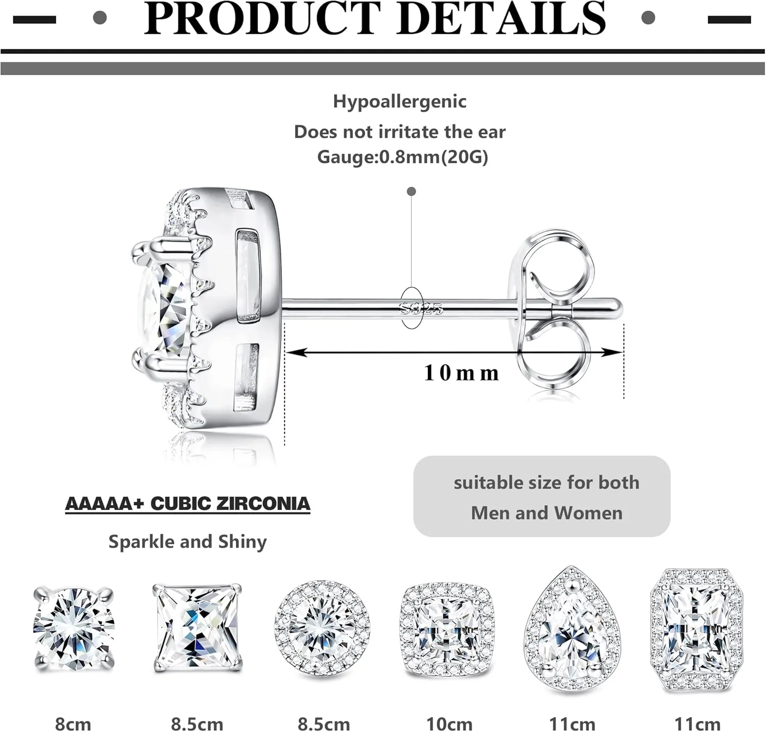 SAILIMUE 6 Pairs Stainless Steel Cubic Zirconia Stud Earrings for Women & Men - 18K White Gold Plated Brilliant Round Square Teardrop Simulated Diamond Halo Earrings Set