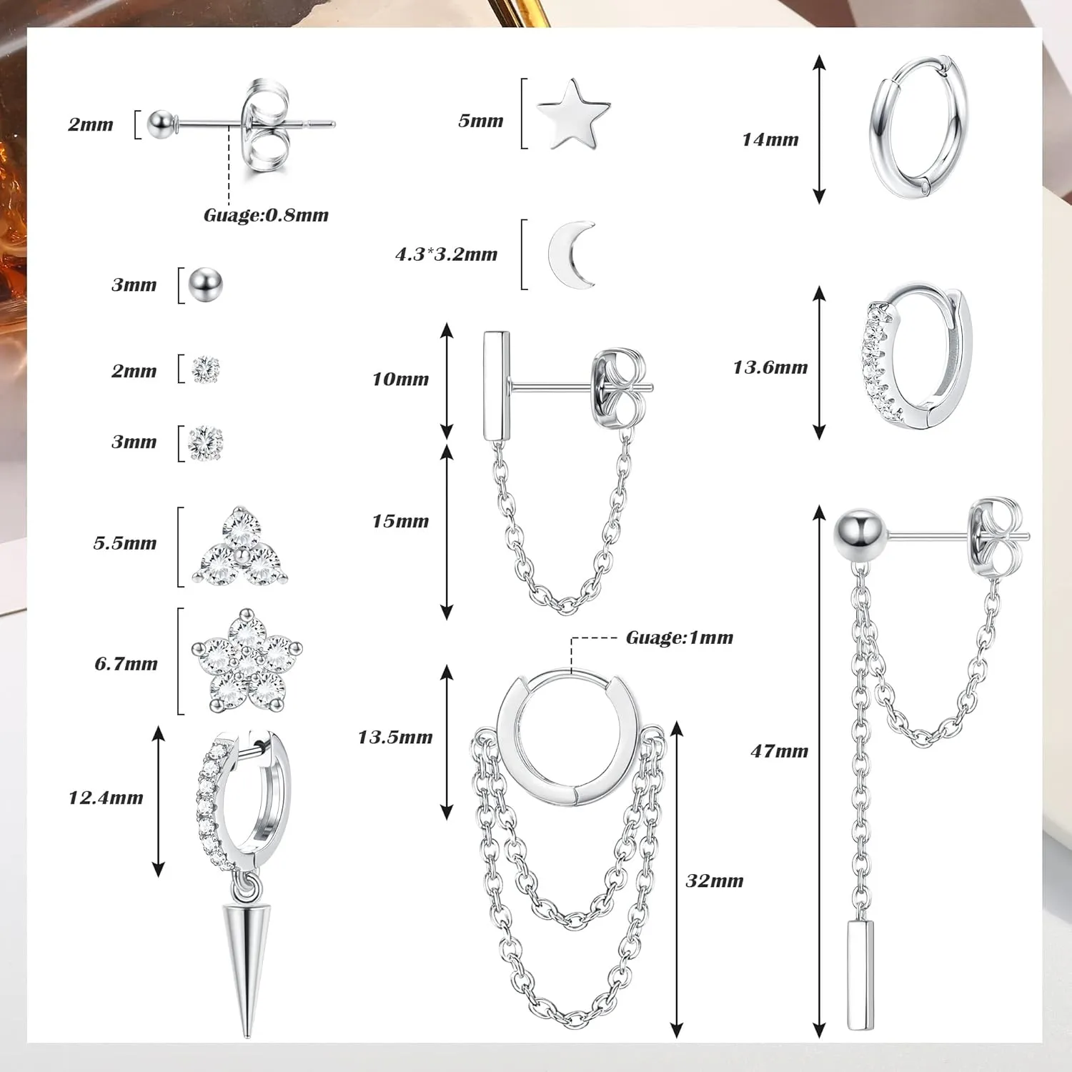 Sanfenly 14 Pairs Studs Earrings and Hoops Set Silver Gold Plated Dangle Chain Earrings Mini Ball CZ Moon Star Flower Studs Huggie Hoop Earring for Women