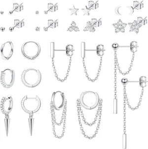 Sanfenly 14 Pairs Studs Earrings and Hoops Set Silver Gold Plated Dangle Chain Earrings Mini Ball CZ Moon Star Flower Studs Huggie Hoop Earring for Women