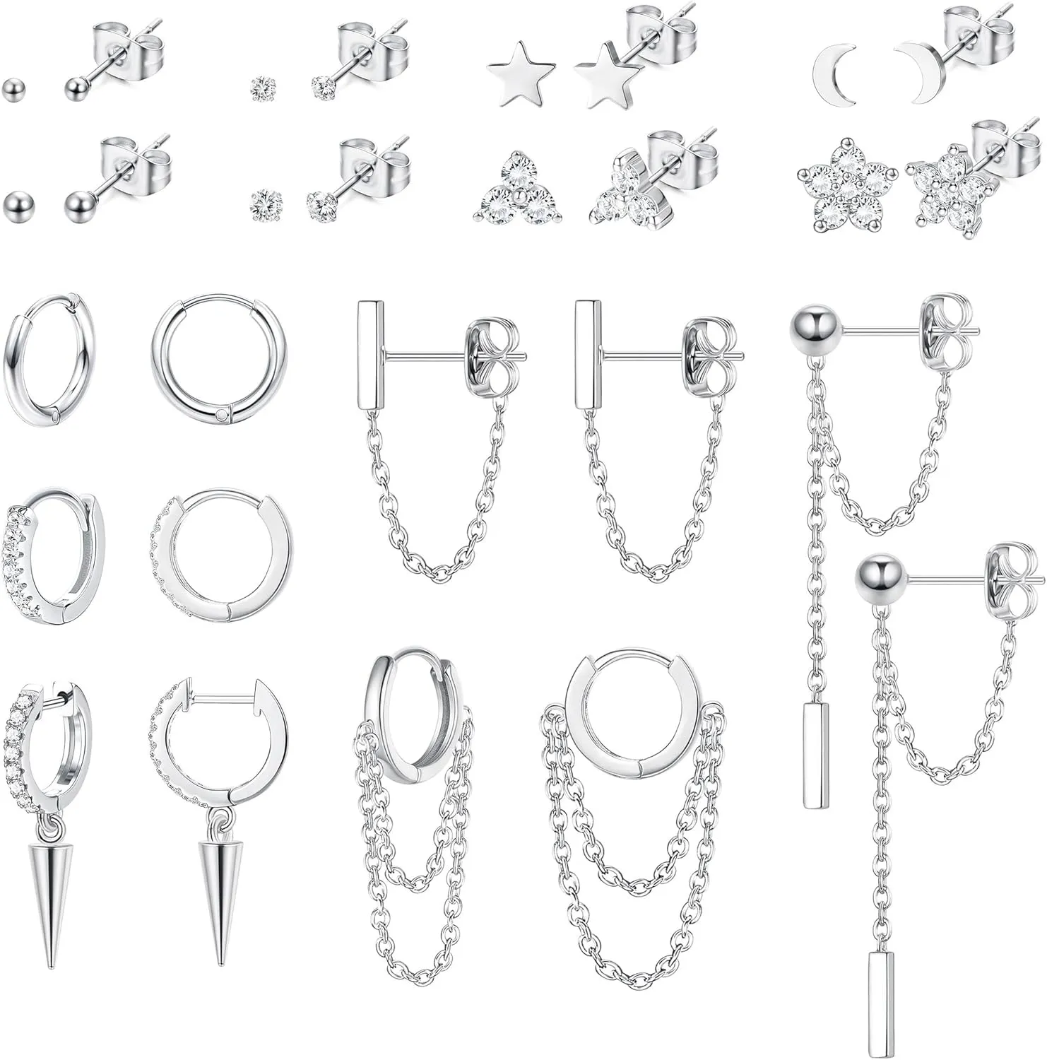 Sanfenly 14 Pairs Studs Earrings and Hoops Set Silver Gold Plated Dangle Chain Earrings Mini Ball CZ Moon Star Flower Studs Huggie Hoop Earring for Women