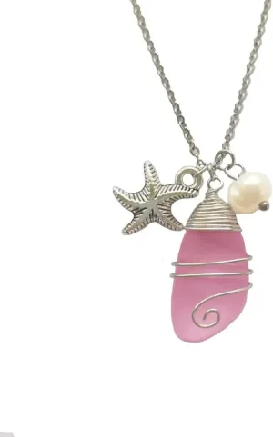 Sea Glass Necklace for Women Men Wire Wrapped Beach Necklaces with Starfish Imitation Pearl Handmade Summer Beach Holiday Sea Glass Jewelry Gift