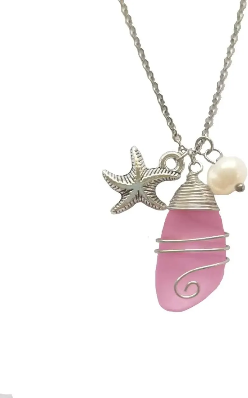 Sea Glass Necklace for Women Men Wire Wrapped Beach Necklaces with Starfish Imitation Pearl Handmade Summer Beach Holiday Sea Glass Jewelry Gift