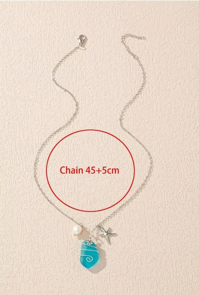Sea Glass Necklace for Women Men Wire Wrapped Beach Necklaces with Starfish Imitation Pearl Handmade Summer Beach Holiday Sea Glass Jewelry Gift
