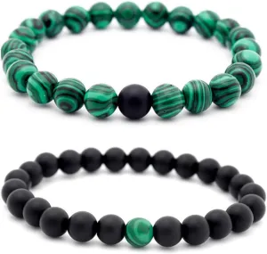 Set of 2 Womens Mens 8mm Handmade Couples Distance Beads Bracelets Friendship Couple Jewelry Round Energy Stone Beads Gemstone Beaded for Valentine Birthday (Malachite Stone & Black Matte Agate)