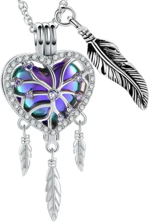 shajwo Dream Catcher Urn Necklace Heart Cremation Jewelry for Ashes for Women Men Angel Wing Flower Memorial Hollow Pendant