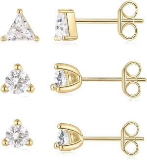 SHINYSO 14K Gold Plated Stud Mini Earrings with Round/Triangle Cubic Zirconia 3 Sets for Women