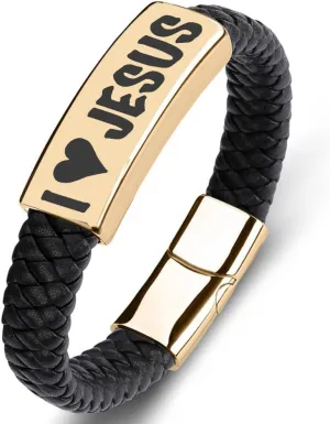 SHNIAN Black Woven Leather & Gold Plated Stainless Steel Friendship Cuffs Bracelets,Inspirational Motivational Bracelets Christian Prayer for Men and Teens - I You Jesus Wrist Strap, 6.5"/7.28"/7.87"