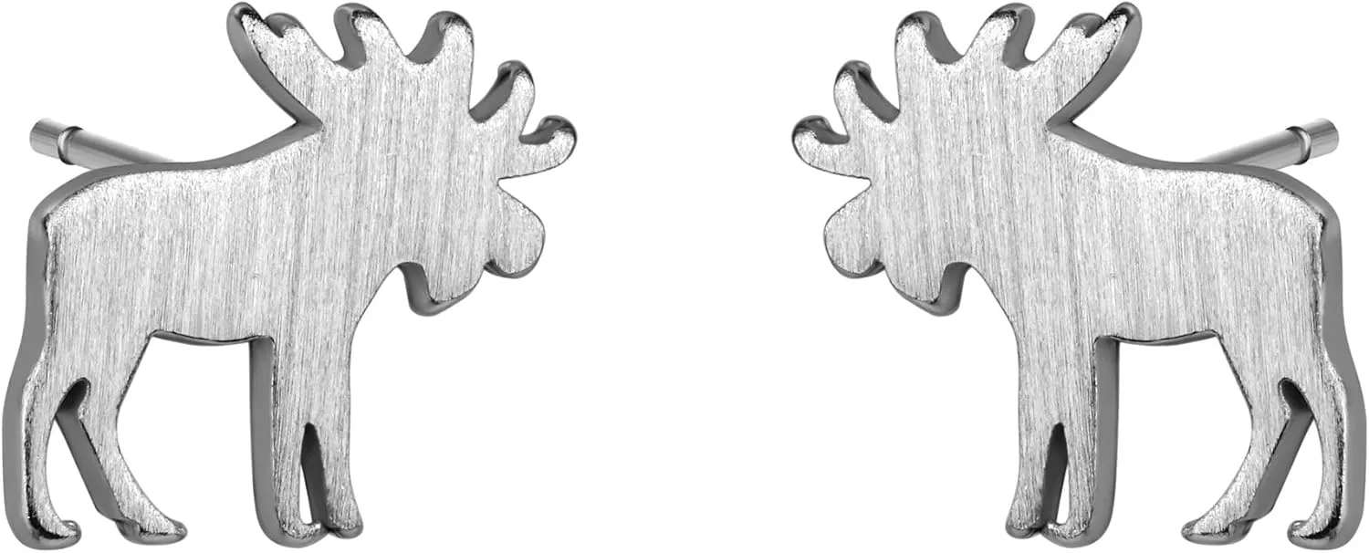 Silver Gold Plated Wildlife Bear Moose Elk Buffalo Earrings - Small Cute Animal Studs for Women & Teen Girls - Animal Jewelry Gift