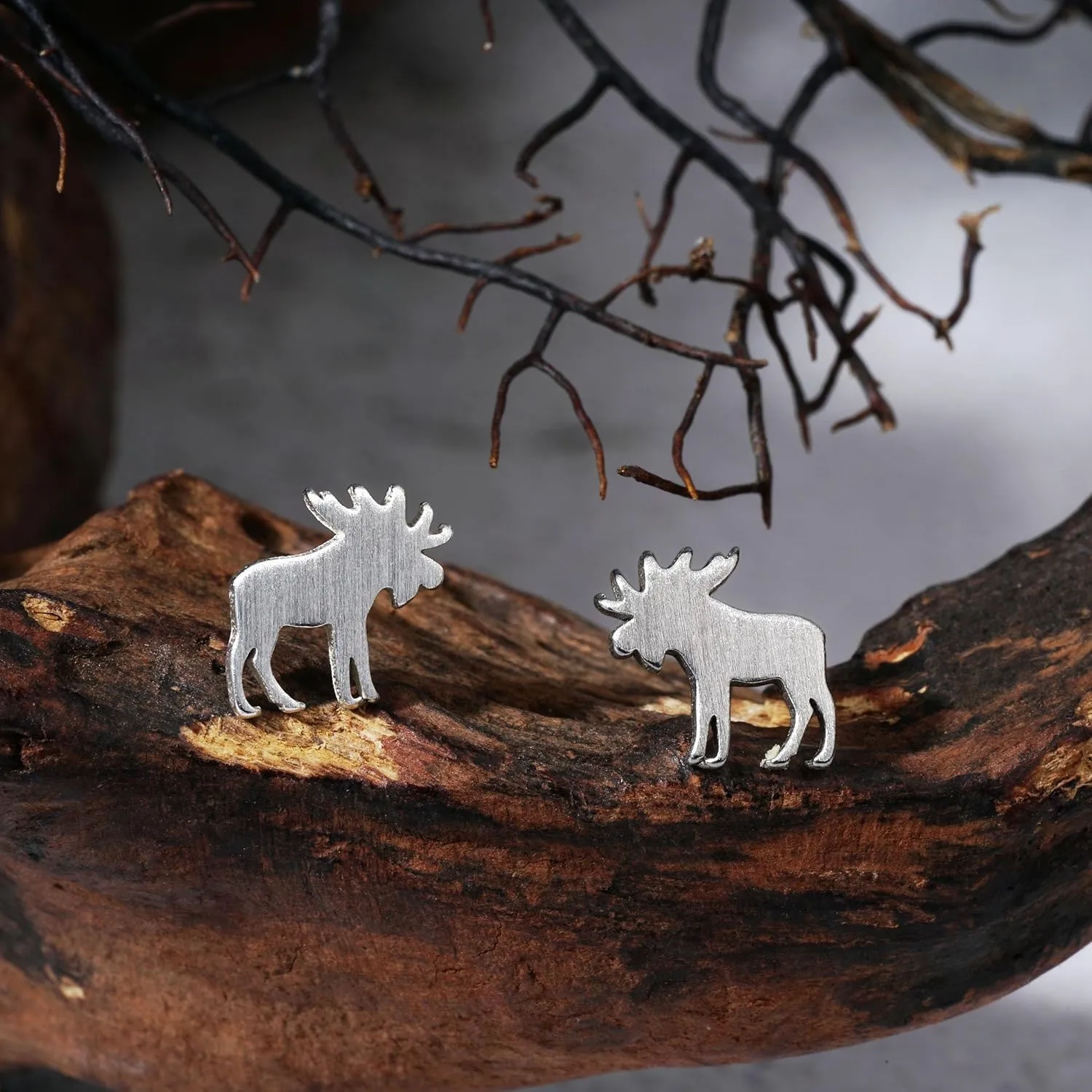Silver Gold Plated Wildlife Bear Moose Elk Buffalo Earrings - Small Cute Animal Studs for Women & Teen Girls - Animal Jewelry Gift