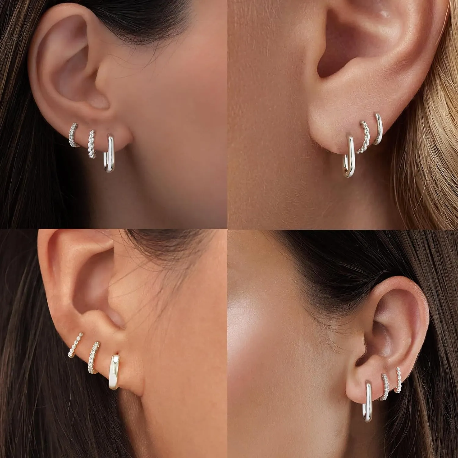 Silver Hoop Earrings Set for Women, Sterling Silver Plated Small Huggie Hoop Earrings Dainty Cartilage Earrings Lightweight Hypoallergenic CZ Multiple Piercings Earring Trendy Jewelry Gifts