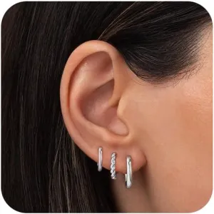 Silver Hoop Earrings Set for Women, Sterling Silver Plated Small Huggie Hoop Earrings Dainty Cartilage Earrings Lightweight Hypoallergenic CZ Multiple Piercings Earring Trendy Jewelry Gifts