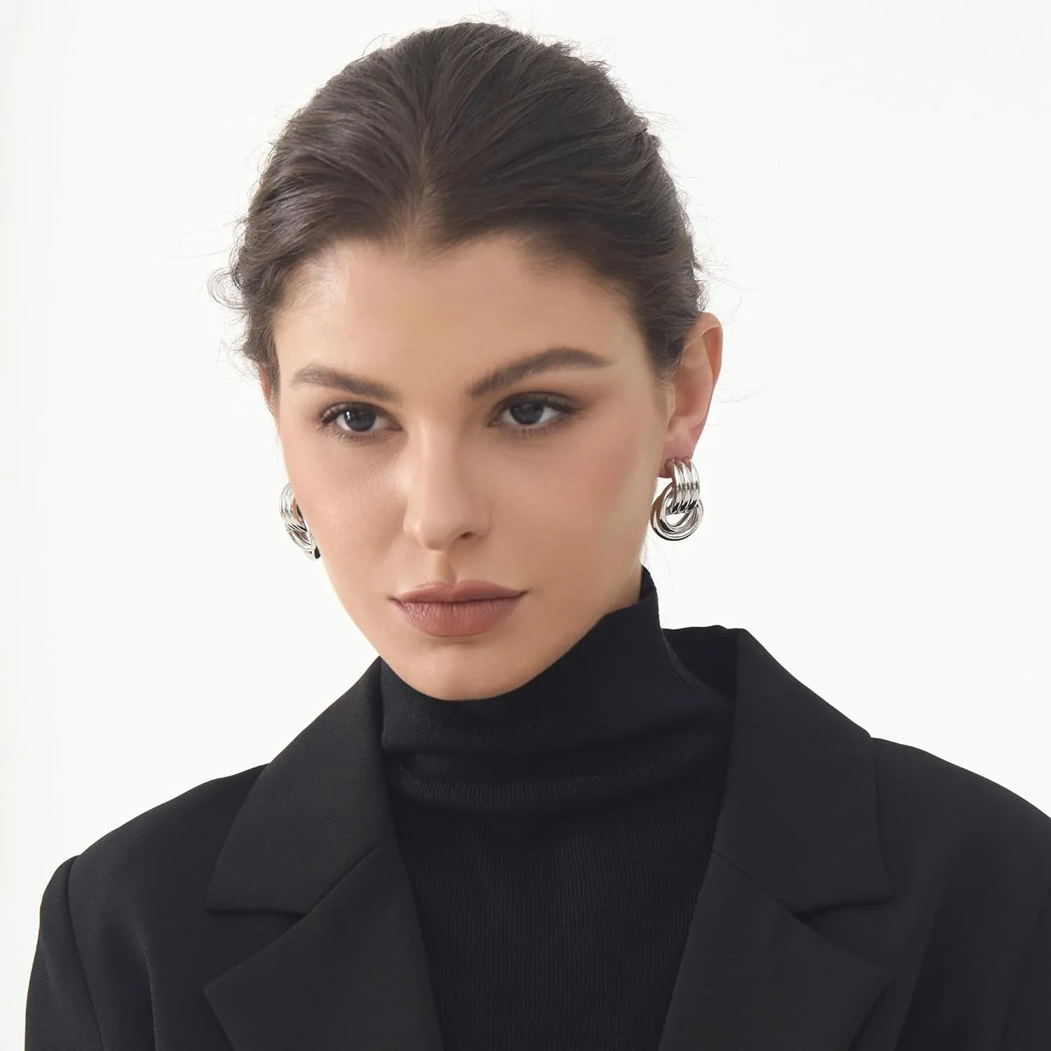 Silver Knot Earrings, Circle Link Geometric Drop Dangle Earrings Studs, Women's Jewelry_L Size