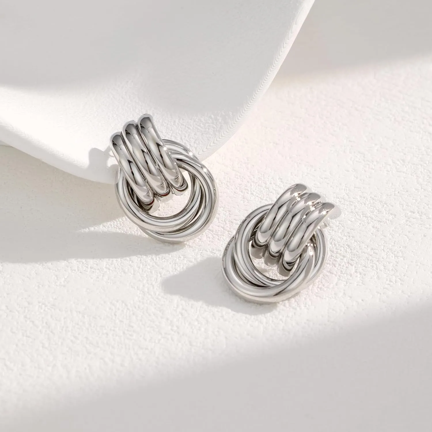 Silver Knot Earrings, Circle Link Geometric Drop Dangle Earrings Studs, Women's Jewelry_L Size