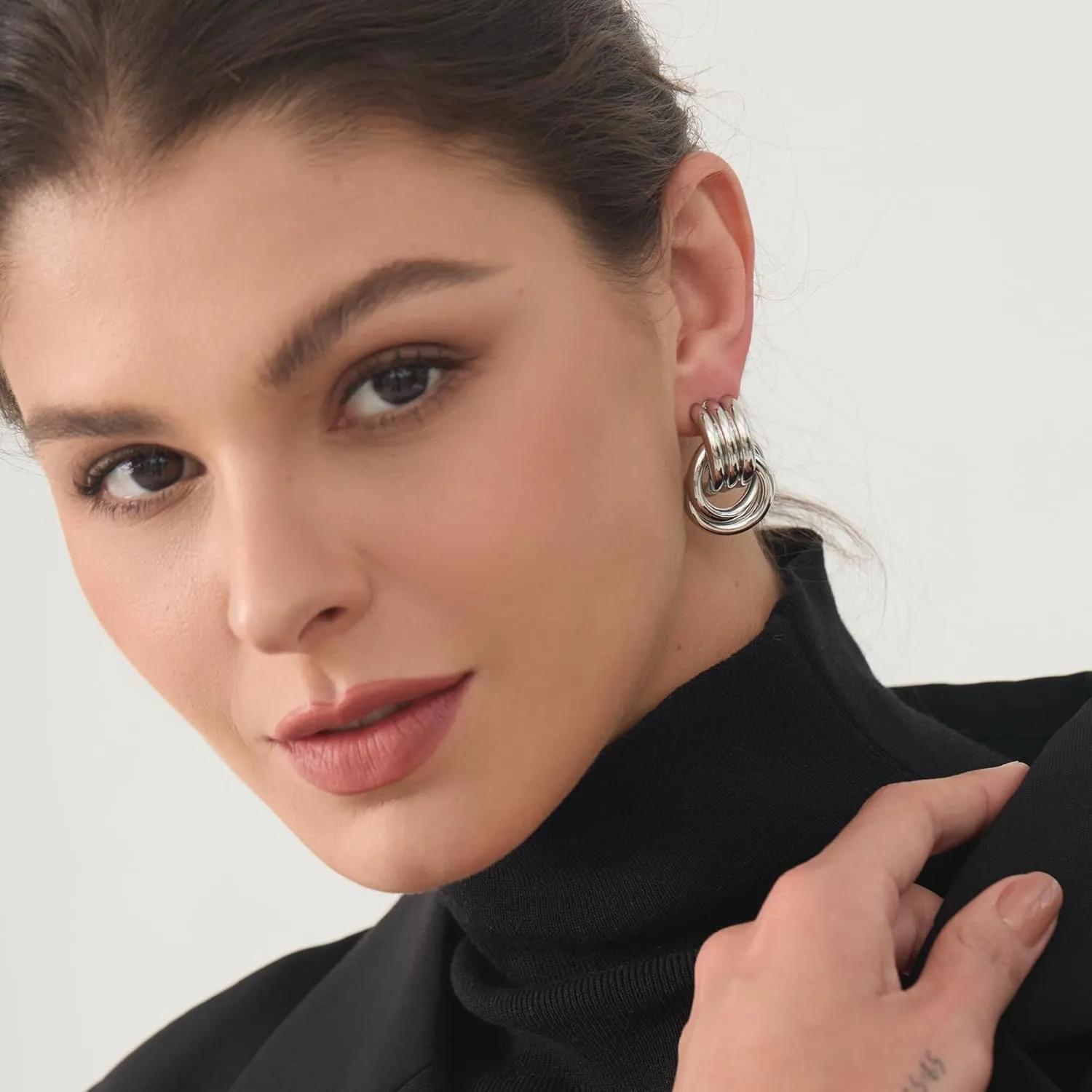 Silver Knot Earrings, Circle Link Geometric Drop Dangle Earrings Studs, Women's Jewelry_L Size