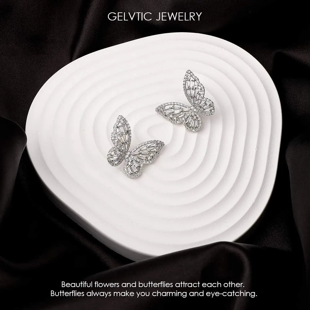 Silver Rhinestone Butterfly Earrings for Women Gold Butterfly Earring Crystal CZ Cubic Zirconia Sterling Silver Cute Bow Stud for Mother Wife Lover Valentine's Day Gift Jewelry Prom Wedding Brides