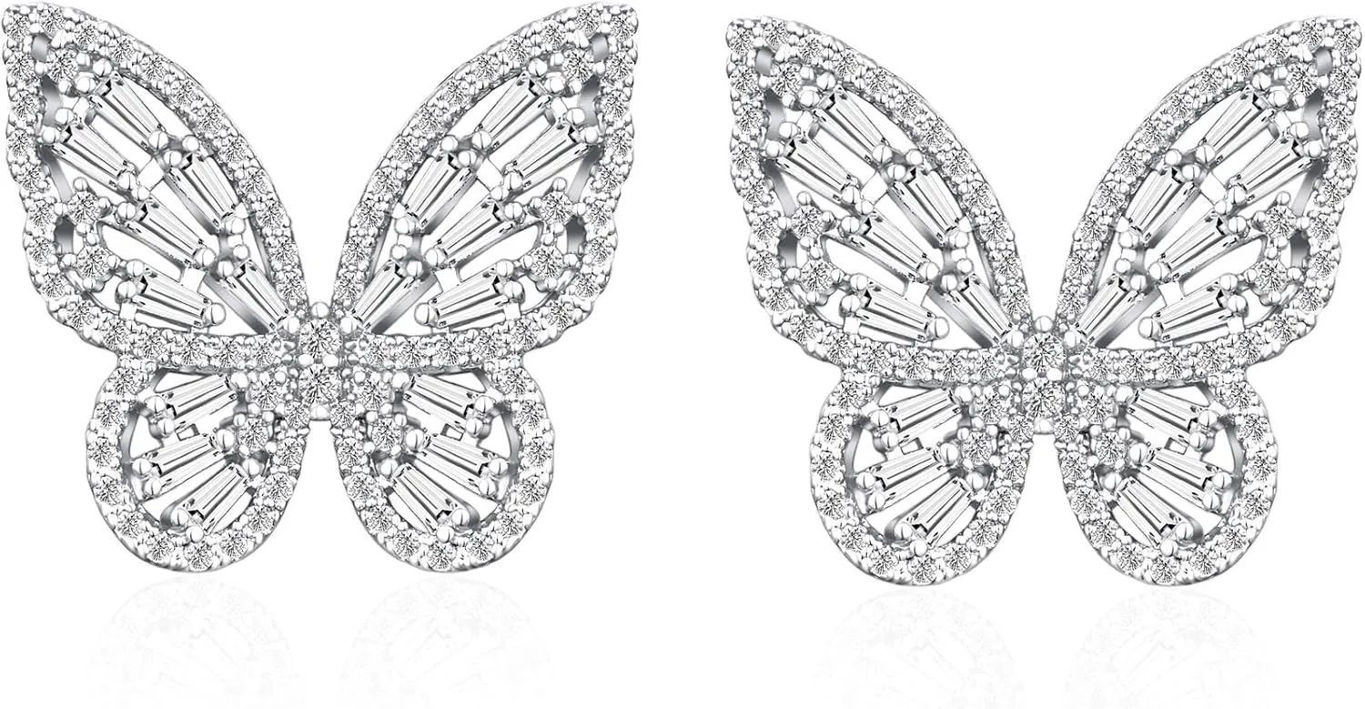 Silver Rhinestone Butterfly Earrings for Women Gold Butterfly Earring Crystal CZ Cubic Zirconia Sterling Silver Cute Bow Stud for Mother Wife Lover Valentine's Day Gift Jewelry Prom Wedding Brides