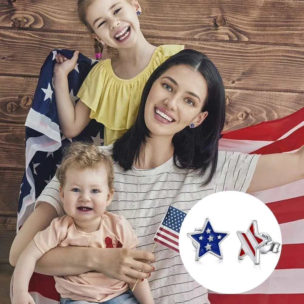 Silver USA American Flag Earrings - Patriotic Star Ears Stud Fourth of July Windmills Independence Day Hoop Jewelry Gift for Women Veterans