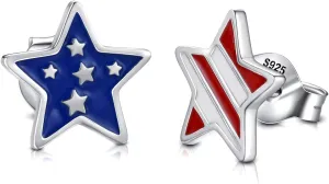 Silver USA American Flag Earrings - Patriotic Star Ears Stud Fourth of July Windmills Independence Day Hoop Jewelry Gift for Women Veterans