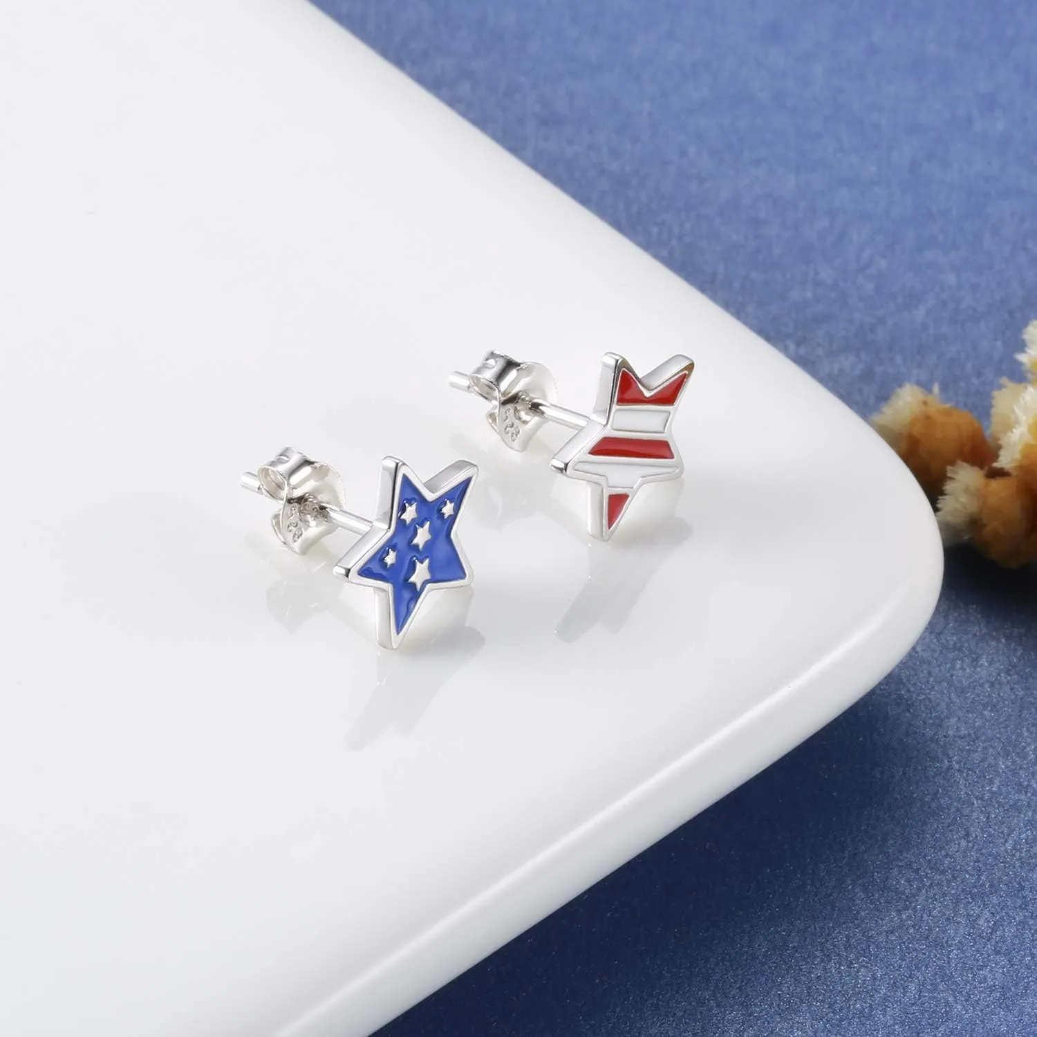 Silver USA American Flag Earrings - Patriotic Star Ears Stud Fourth of July Windmills Independence Day Hoop Jewelry Gift for Women Veterans