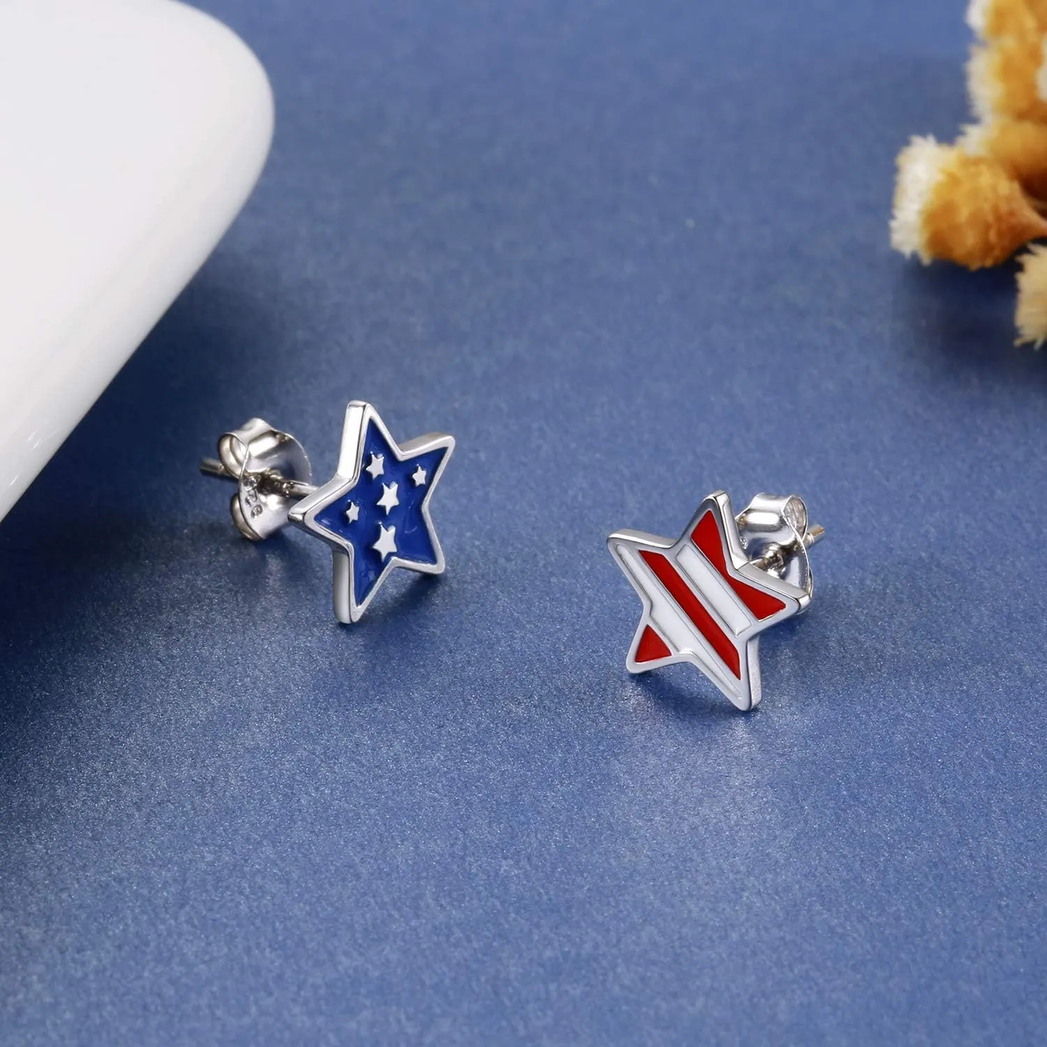 Silver USA American Flag Earrings - Patriotic Star Ears Stud Fourth of July Windmills Independence Day Hoop Jewelry Gift for Women Veterans