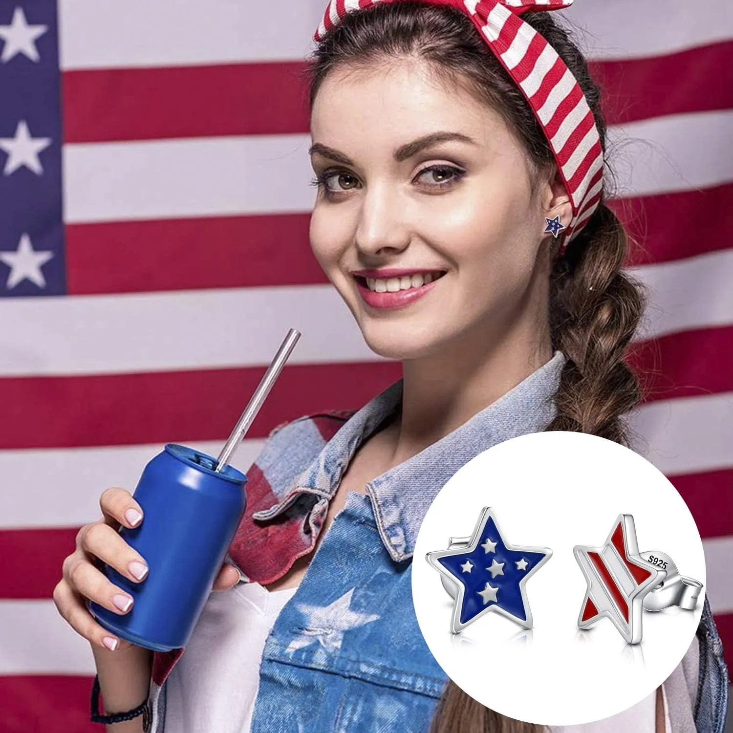 Silver USA American Flag Earrings - Patriotic Star Ears Stud Fourth of July Windmills Independence Day Hoop Jewelry Gift for Women Veterans