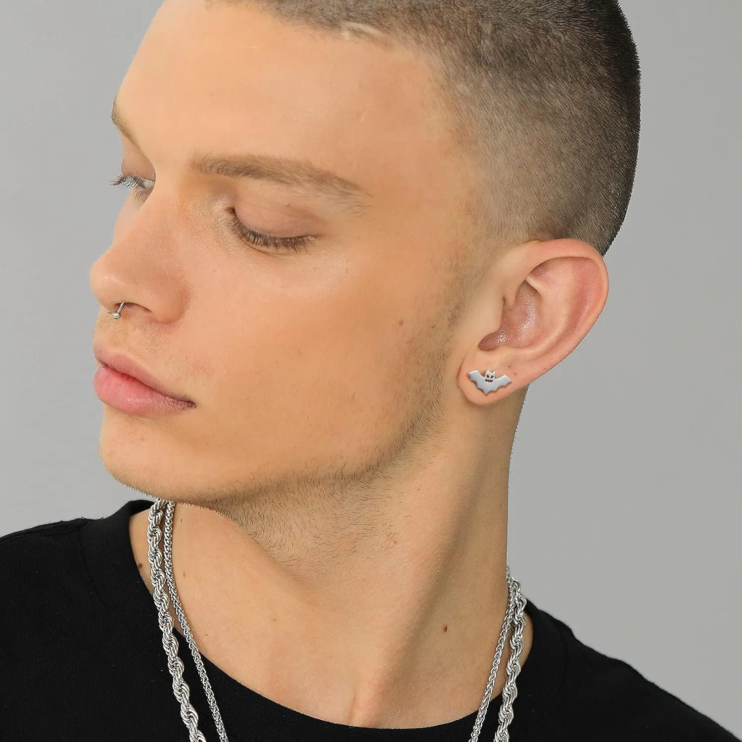 SILVERCUTE Skull Stud Earrings, Men Womens Personalized Punk Gothic Earrings, Sterling Silver Bat/Fire/Skeleton/Skull Hand Earrings for Halloween Party, Hypoallergenic