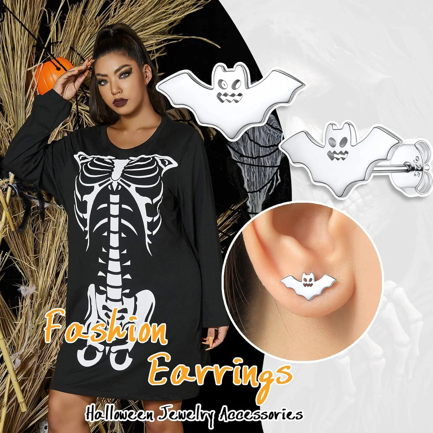 SILVERCUTE Skull Stud Earrings, Men Womens Personalized Punk Gothic Earrings, Sterling Silver Bat/Fire/Skeleton/Skull Hand Earrings for Halloween Party, Hypoallergenic