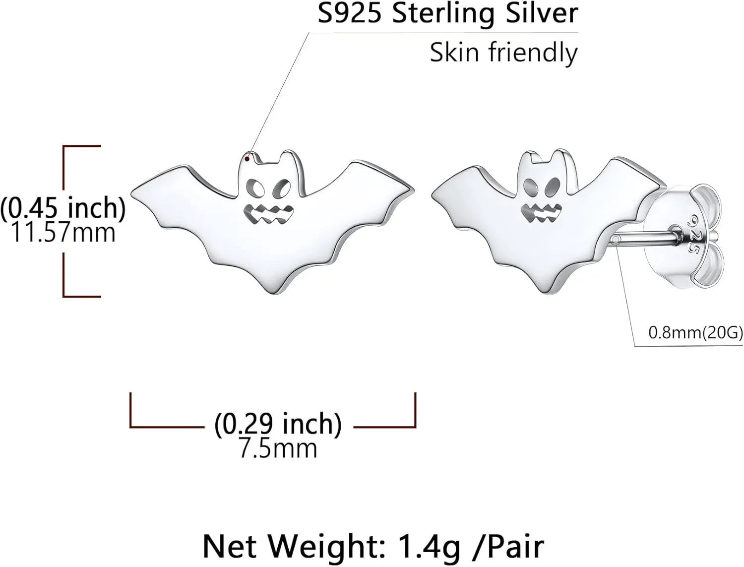 SILVERCUTE Skull Stud Earrings, Men Womens Personalized Punk Gothic Earrings, Sterling Silver Bat/Fire/Skeleton/Skull Hand Earrings for Halloween Party, Hypoallergenic
