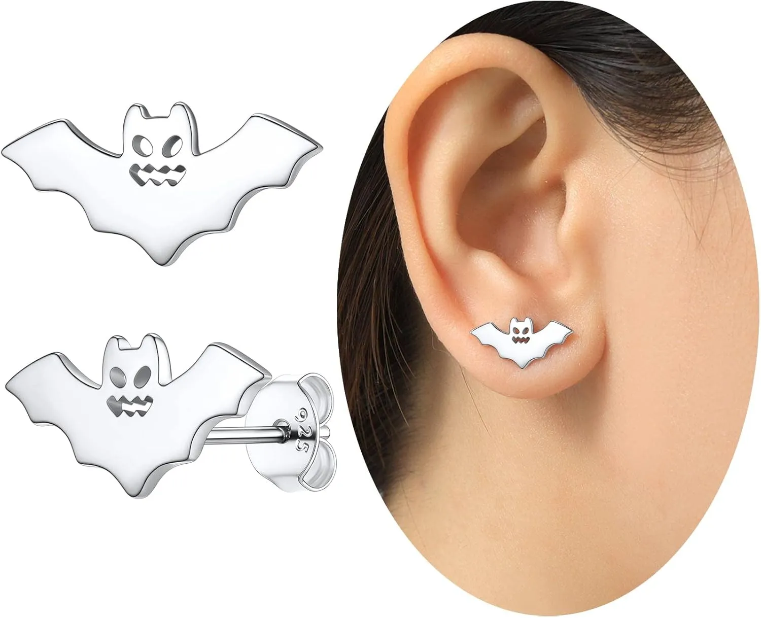 SILVERCUTE Skull Stud Earrings, Men Womens Personalized Punk Gothic Earrings, Sterling Silver Bat/Fire/Skeleton/Skull Hand Earrings for Halloween Party, Hypoallergenic