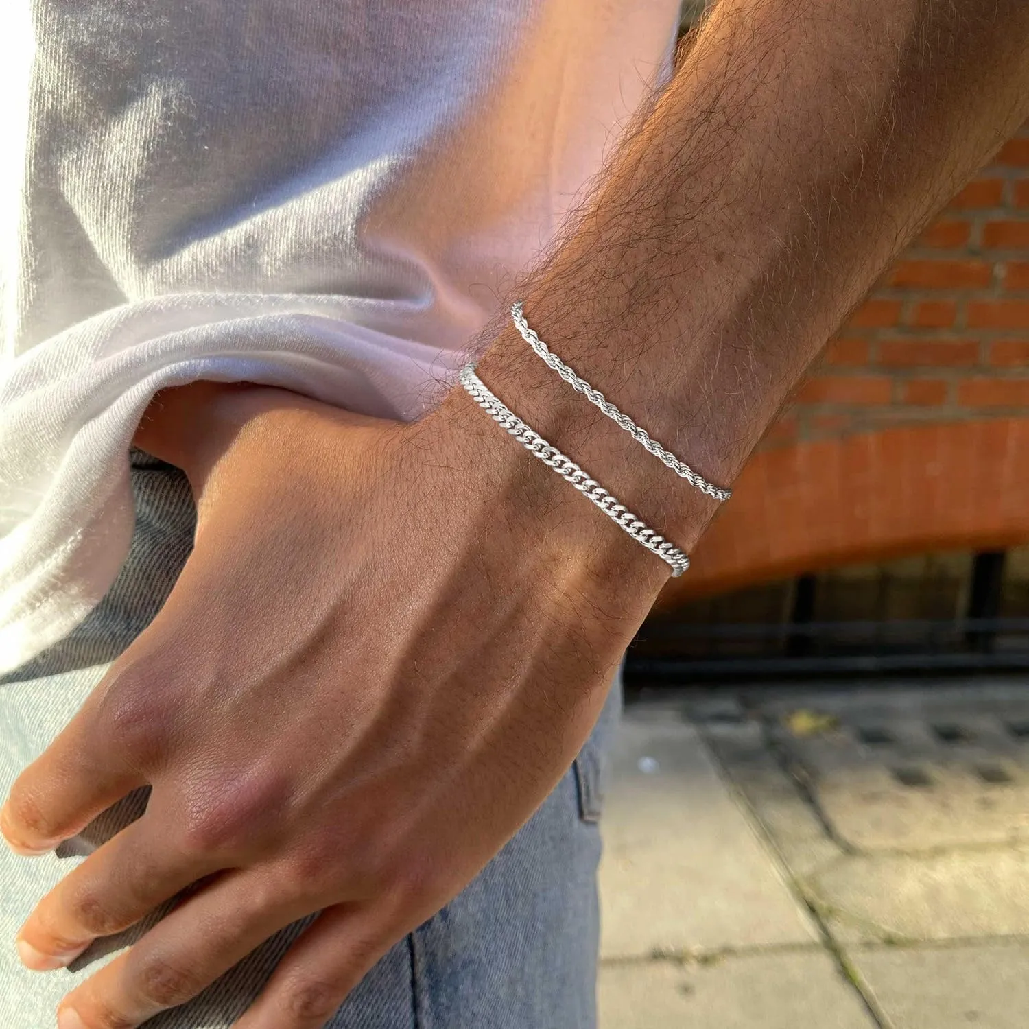 Silver/Gold Layered Chain Bracelets Sets for Men Women Silver Rope Figaro Cuban Link Chain Bracelets Set Men Jewelry Gifts for Dad Boyfriend Husband
