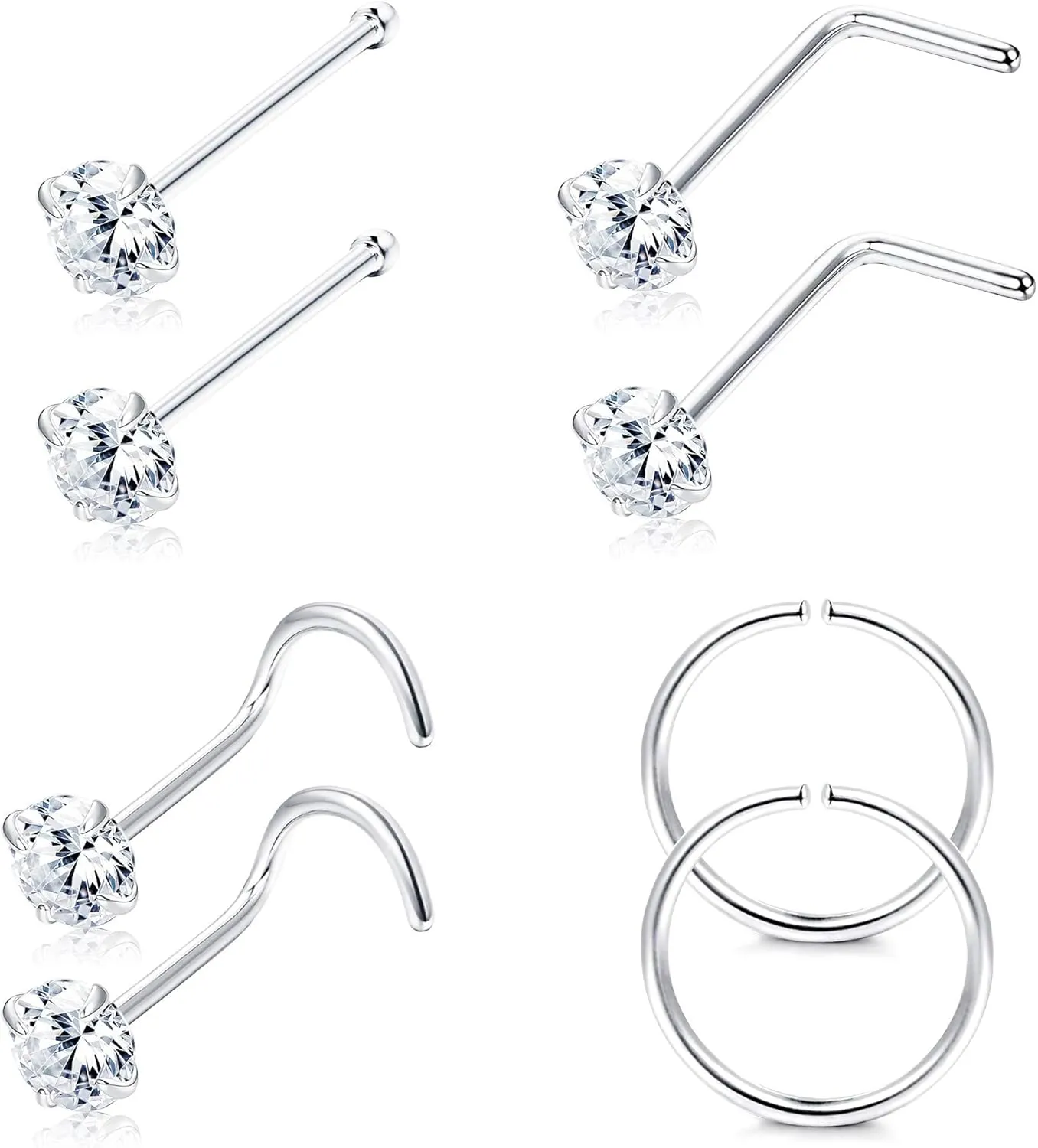 Sllaiss 22G 925 Sterling Silver Nose Rings Studs L Shaped CZ Hoop Piercing Jewelry Set 8Pcs