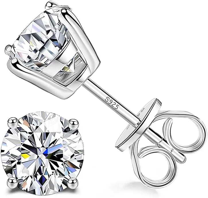 Sllaiss Sterling Silver Cubic Zirconia Stud Earrings for Women Men 14k White Gold Plated Round CZ Earrings for Sensitive Ear (Silver, 7MM (2.5CT))