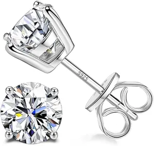 Sllaiss Sterling Silver Cubic Zirconia Stud Earrings for Women Men 14k White Gold Plated Round CZ Earrings for Sensitive Ear (Silver, 7MM (2.5CT))