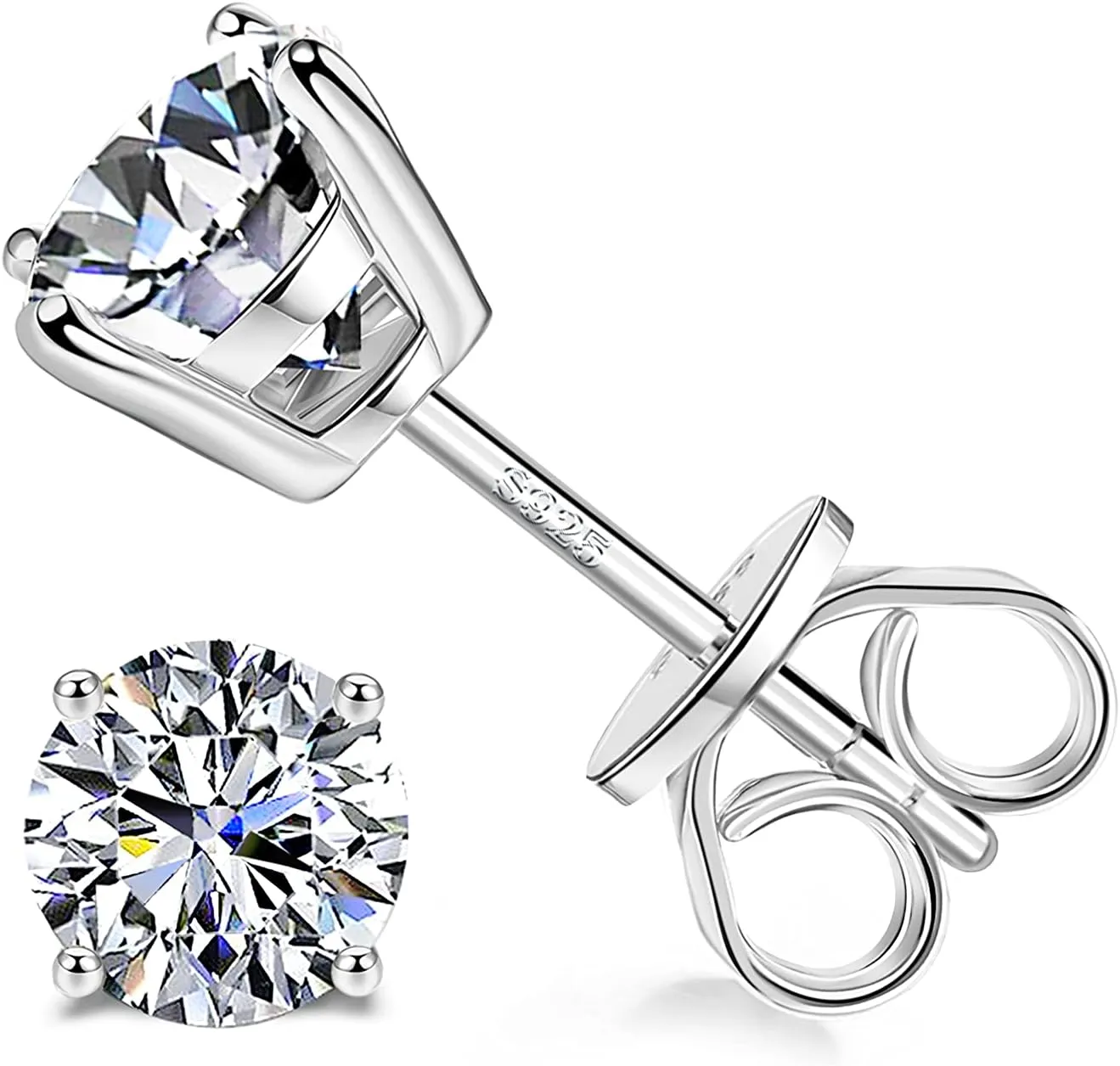 Sllaiss Sterling Silver Cubic Zirconia Stud Earrings for Women Men 14k White Gold Plated Round CZ Earrings for Sensitive Ear(5.25MM (1CT), SILVER)